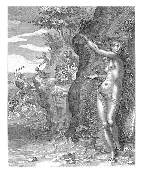 안드로메다는 바위에 있습니다 왼쪽에 페르세우스는 과싸우고 있습니다 안드로메다의 부모인 케페우스 — 스톡 사진