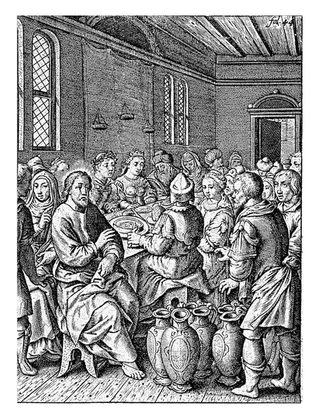 カナでの結婚式 ヒエロニムス ウィリックス 1563年 1619年以前ブライダルカップルとゲストはテーブルの周りに座っています メアリーが彼に指摘した後 キリストはワイン樽を祝福します — ストック写真