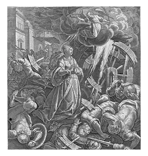 圣凯瑟琳的荣耀 Theodoor Galle 在1581 1612年间的Jan Van Der Straet之后 亚历山大港的圣凯瑟琳跪在一个破碎的车轮旁边 — 图库照片