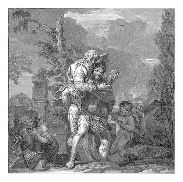 埃涅阿斯逃离了燃烧特洛伊与他的老父亲锚在他的背上 他哭哭啼啼的儿子走在他旁边 在左边的是埃涅阿斯的妻子 双手放在面前 — 图库照片