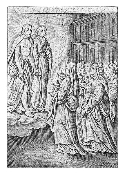 五个聪明的处女 Hieronymus Wierix 1563年 在1619年之前 基督和玛利亚出现在五个聪明的处女面前 处女座的人手里都拿着油灯 — 图库照片