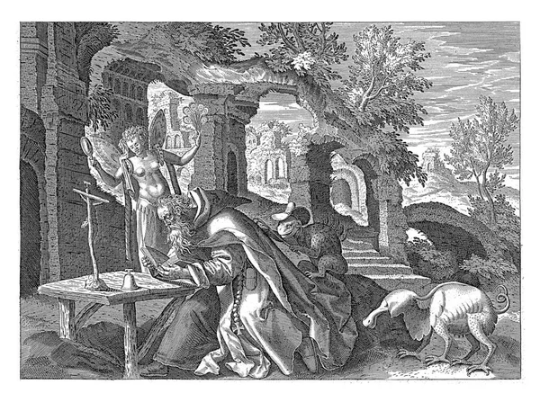 圣安东尼大帝在一个被毁的十字架前他读圣经 被恶魔和一个带着镜子的漂亮女人缠住了 — 图库照片