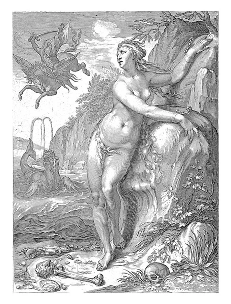 에티오피아 안드로메다는 바위에 사슬로 배경에서 페르세우스는 안드로메다를 구하기 괴물을 무찌른다 — 스톡 사진