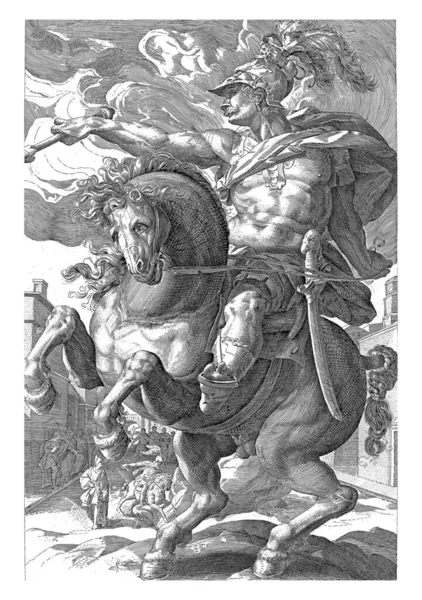마르쿠스 우스입니다 오른손에 주장의 지팡이입니다 배경에서 신들을 만족시키기 사슬로 뛰어드는 — 스톡 사진