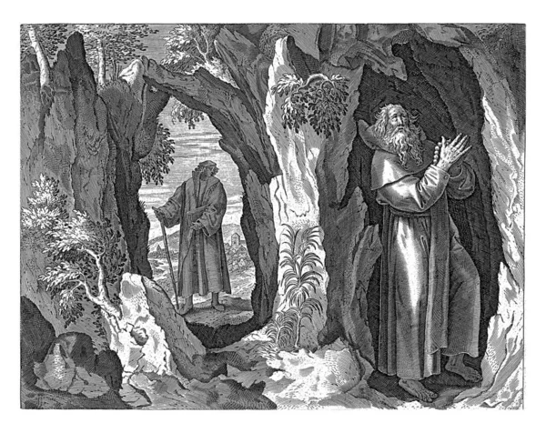 Johannes Der Einsiedler Einer Höhle Der Wüste Betet Den Rosenkranz — Stockfoto