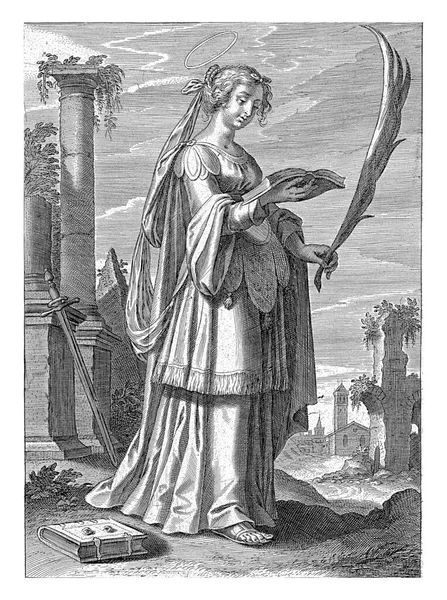 Lucia コーネリス セバスティアン ヴァンクスの後 1596 1633廃墟の風景の中に立ってセントルシア ルシアは掌の枝を手に本を読み — ストック写真
