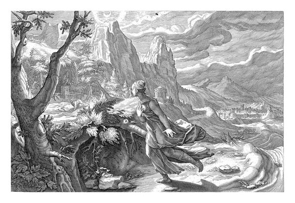 Thisbe looks anxiously at a lion, who walks around the well where she was to meet Pyramus.