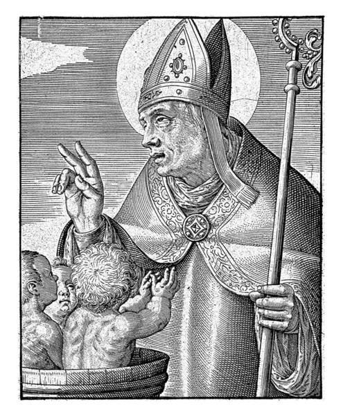 Der Heilige Nikolaus Bischofsgewändern Kreuzt Die Drei Nackten Kinder Hat — Stockfoto