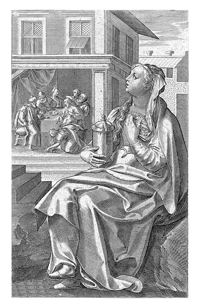 Πρώτο Πλάνο Κάθεται Μαρία Μαγδαληνή Στο Χέρι Της Μια Κανάτα — Φωτογραφία Αρχείου