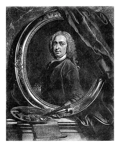 水彩画家和印刷商科内里斯 托洛斯特在一个装饰过的框架内 肖像画用的是调色板 一张纸和刷子 — 图库照片