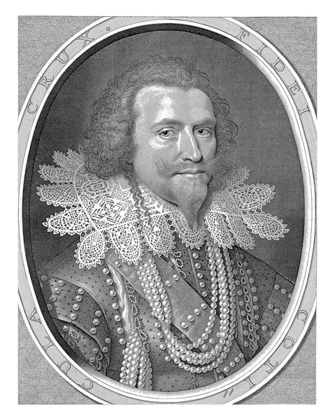 白金汉第一伯爵乔治 维利尔斯的画像 胸围有花边领子和珍珠串 — 图库照片