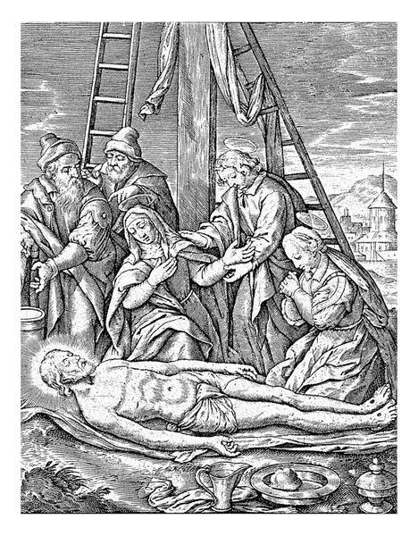 キリストの嘆き ヒエロニムス ウィリクス 1563年 1619年以前マリア マグダラのマリヤ 福音書記者ヨハネなどはキリストの体で悲しみます — ストック写真