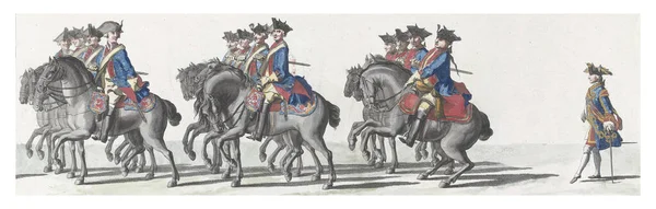 Three groups of guards on horseback. In the margin the caption in Dutch, French and English. Part of a series of 41 plates of the funeral procession of Stadholder Willem IV in Delft on February 4, 1752