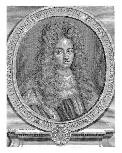 Retrato Mathieu Pinault Moldura Oval Simon Thomassin 1701 Vintage Gravado — Fotografia de Stock