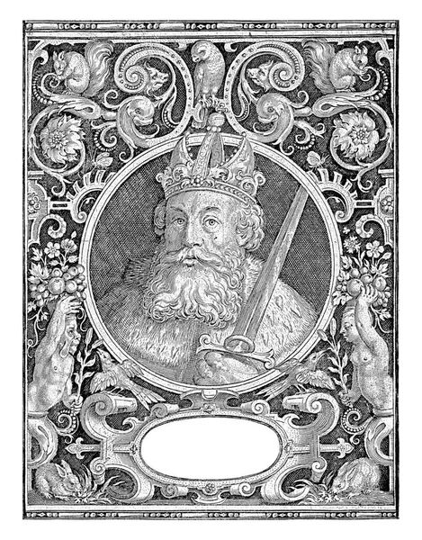 様々な動物やファンタジーの生き物との長方形のフレーム内のメダリオンの冠と剣を持つ王としてシャルルマーニュの肖像装飾品として — ストック写真
