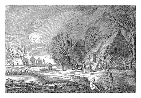 雨中农场的数字 1630 1699年3月 维尔德 在一场暴雨中 农场前面的乡间道路上有数字和干草堆 描绘了3月份的景象 — 图库照片