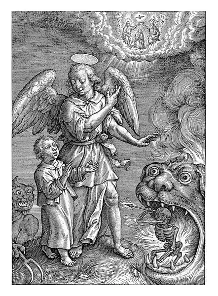 有守护天使的孩子 Hieronymus Wierix 1563 1619一个孩子的守护天使保护他免受魔鬼和死亡的侵害 天使把孩子指给圣母玛利亚加冕的三位一体 — 图库照片