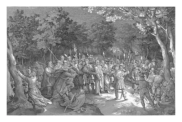 ユダとキリストの逮捕のキス ニコラス ブライン 1612キリストとゲッセマネの園での弟子たち ユダは頬にキリストにキスします 兵士たちは彼を取り囲み逮捕する — ストック写真