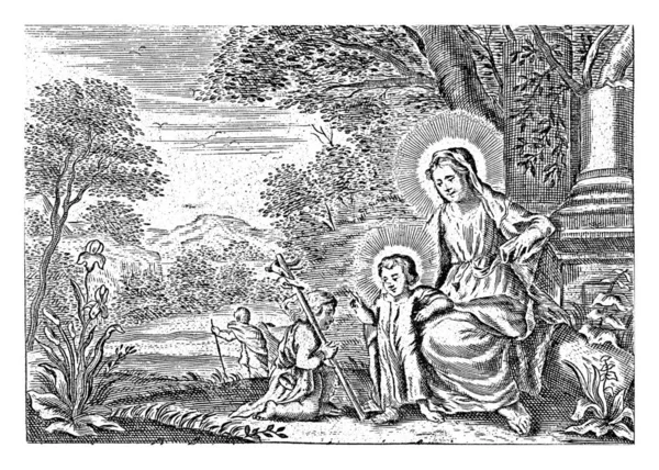圣家与施洗约翰 科尔内里斯加勒 1638 1678年 圣母玛利亚与基督之子 在一座房屋的废墟前 基督祝福站在他面前的施洗约翰 — 图库照片