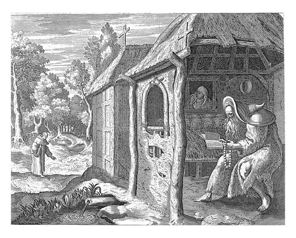圣亚伯拉罕是一座茅屋里的隐士 他正在阅读一本圣经 手里拿着一本念珠 在他身后是他的侄女 埃德萨的圣玛丽 和尚走在后面 — 图库照片