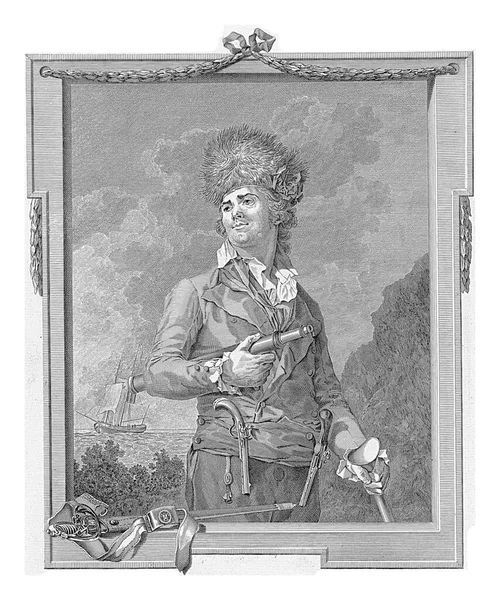 Portré Kalózról Pierre Turcq Kapitányról Távcsővel Hóna Alatt Pisztollyal Kabátján — Stock Fotó