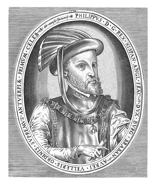 西班牙国王菲利普二世右边的半长肖像画 椭圆形 用拉丁文写着他的名字和头衔 — 图库照片