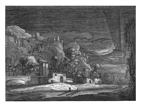 贝瑟尼的观点 尼古拉斯 拉斯特曼 1601 1652年贝瑟尼村的观点 这是地球上唯一一个欢迎基督的地方 左边是一座山上和山脚下的房子 — 图库照片