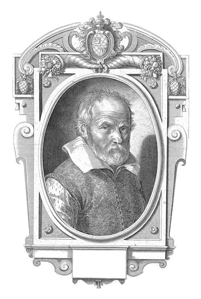 Pietro Francavilla Pietro Franqueville 的肖像画 肖像画包含在一个顶部有臂章的手推车中 在手推车下面的箱子里 有拉丁文的临时保姆的姓名和职业 — 图库照片