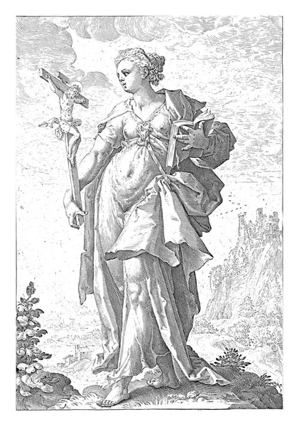 Tron Personifierad Kvinnlig Figur Med Ett Krucifix Och Bibel — Stockfoto