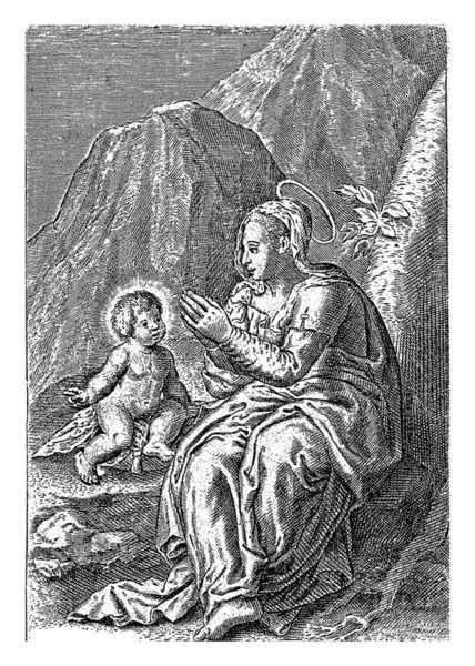 圣母玛利亚的崇拜 玛丽的查尔斯 1581 1645在一个岩石的景观中 圣母玛利亚坐在对坐在她旁边的基督儿童的崇拜中 低于业绩的拉丁文三行 — 图库照片