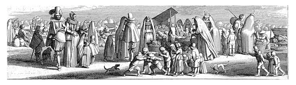 野菜の屋台 ファン ヴェルデ 1603年 1641年野菜市場でエレガントな服装の女性と紳士 右側の野菜の屋台では いくつかの女性は フードに身を包んだ — ストック写真