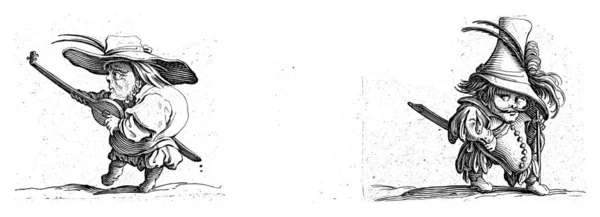 小柄で剣のあるドワーフ 剣と杖のあるドワーフ ジャック カルロ 1621年 1676年左 左から見たドワーフ 狩られた背中を持ち 小走りをし 頭に2羽の羽を持つ帽子 — ストック写真