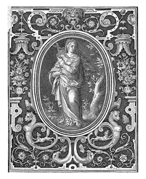 表面装飾が施された4枚の数枚のうち1枚 信仰の告白 人格化 楕円形に立っている フレームの左右には天蓋の下に花のある花瓶 — ストック写真