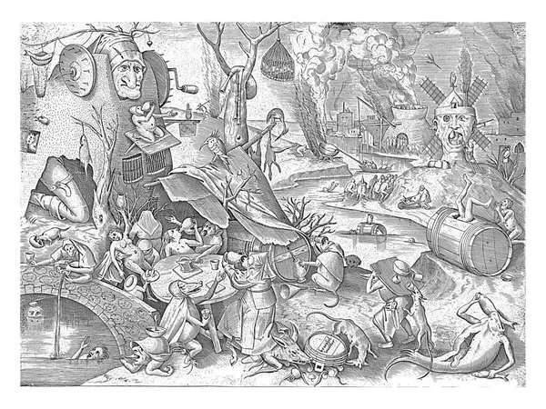 1558年 ピーター ブルーゲル の死後 グルトニー Gula の女性の性格は豚の上に座り テーブルの上でピッチャーから酒を飲む — ストック写真