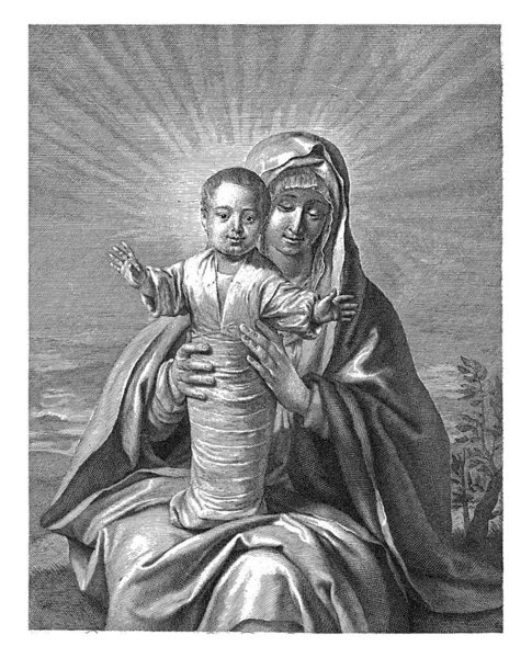 Meryem Kucağında Kundaklanmış Çocuğu Duruyor Resmin Altında Latince Yazılmış Bir — Stok fotoğraf