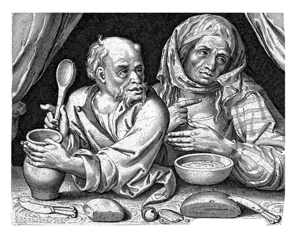 남자와 여자는 죽으로 1581 1656 남자와 여자는 식탁에 주전자와 그릇에서 — 스톡 사진