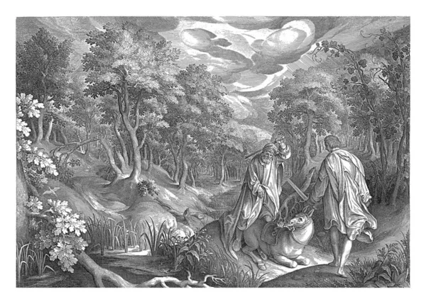 右の手前にはバラムとロバのいる風景 バラムのロバは剣を持つ天使が動物を脅かすため さらに行くことを拒否します バラムは棒で動物を打ち負かします — ストック写真