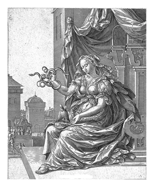 プルデンスとイノセンスの伝説 1563年 1573年ドレープレイテリーの上のプラットフォームに女性が座っています 彼女の膝の上に鳩のペアを座って 彼女の手で彼女はヘビを保持します — ストック写真