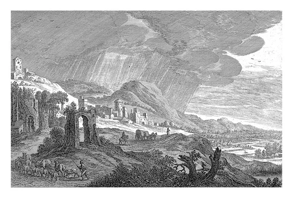 Hügellandschaft Mit Ruine Pieter Nolpe Nach Adriaen Van Nieulandt 1688 — Stockfoto