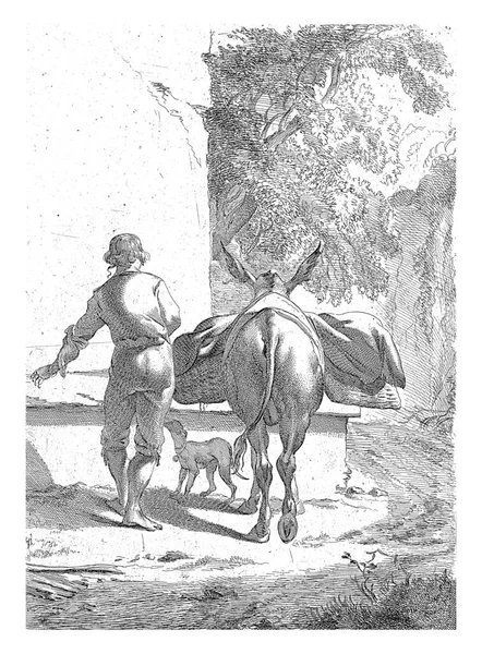ニコラスPietersz後 水の谷 ヴィッシャーによるロバ バーケム 1643年 1692年後ろから見た男 ロバと水の谷の近くの犬 — ストック写真