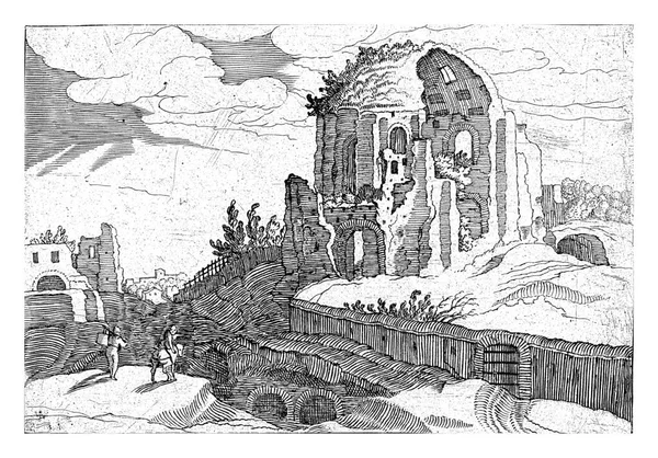ローマのミネルヴァ メディカ神殿としても知られるニンファウムの遺跡 2人の旅行者と道路の左側に — ストック写真
