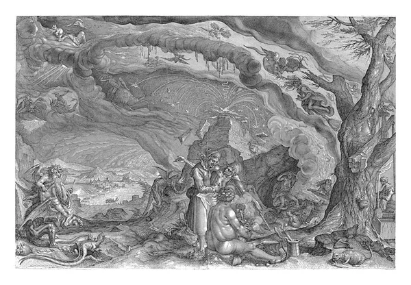 Cadıların Şabat Için Hazırlık Aşk Tanrısı Soldaki Kanatlı Ejderhanın Üzerinde — Stok fotoğraf