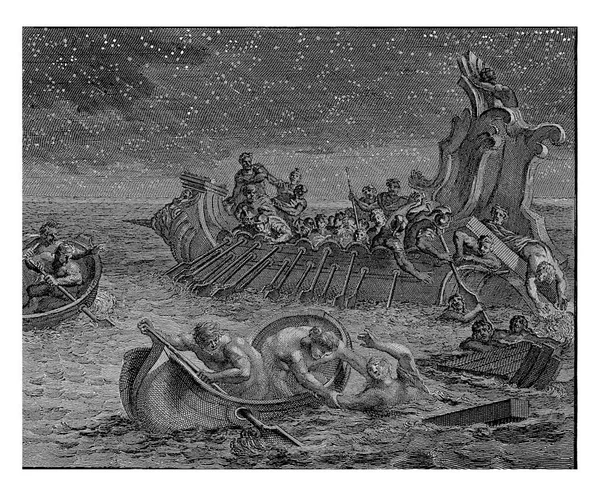 多数の人物と2人の人物が溺死した人々を海から救助するガレー船 天には星があり — ストック写真