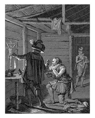 Rennenberg, çarmıhta İsa 'nın resminin önünde gece diz çökerken, Farnese' nin yanında durduğu İspanya 'ya sadakat, 1580