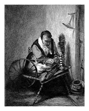 Kız kurusu. Odanın köşesinde yün ören yaşlı bir kadın. Duvarda bir makara asılı..