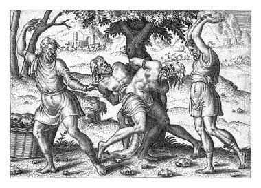1570 'te Abraham de Bruyn' un taşlanmasıyla iki ihtiyar bir ağaca bağlanmış ve iki cellat tarafından taşlanmışlar. Baskıda Latince başlık var..