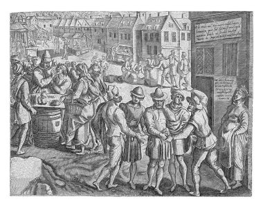 Pazar manzarası. Solda, bir şarlatan (dişçi) hastayı tedavi eder. Gösterinin etrafında Lemmengast olarak adlandırılan kişi de dahil olmak üzere bir grup seyirci duruyor..