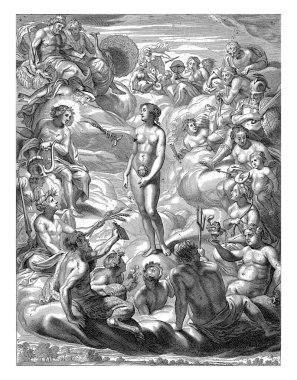 Pandora on Olympus in the midst of the gods. At the top left, Juno and Jupiter sit side by side. At the bottom right are Neptune and Bacchus. clipart