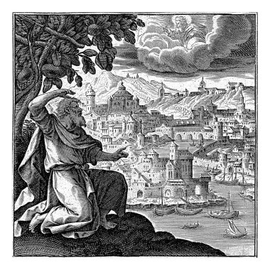 Jonah sits under the gourd, Antonie Wierix, after Maerten de Vos, 1579 -1611 Jonah sits on a rock above the city of Nineveh and speaks with God. He grows a tree for him so that Jonah can sit in shade. clipart
