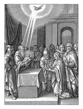 Tapınaktaki sunum, Hieronymus Wierix, 1563 - 1619 'dan önce Başrahip Simeon, Meryem ve Joseph tarafından tapınağa getirilen İsa Çocuğu kollarında tutuyordu..